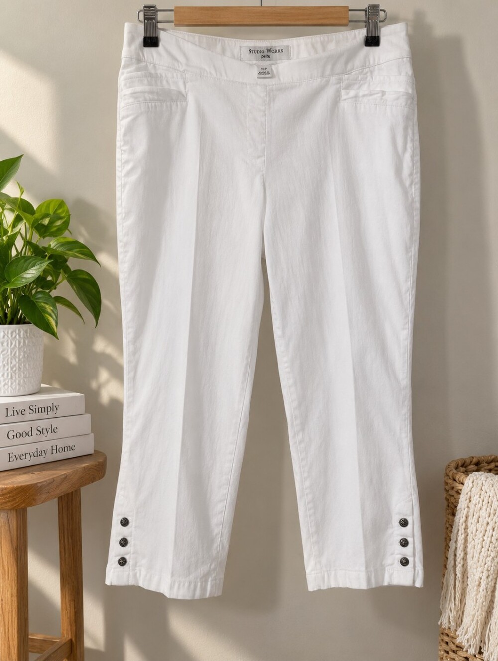 Studio Works White Cropped Stretch Pants with Hem Buttons